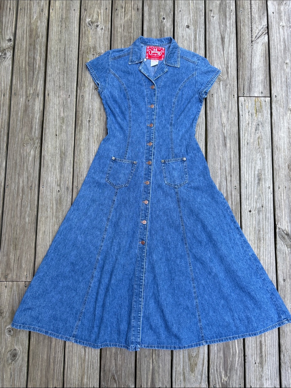 OUTLAW BLUEJEANS | VTG Denim Maxi Dress Fit Flare Cap Sleeve Y2K 90s | Size 9
